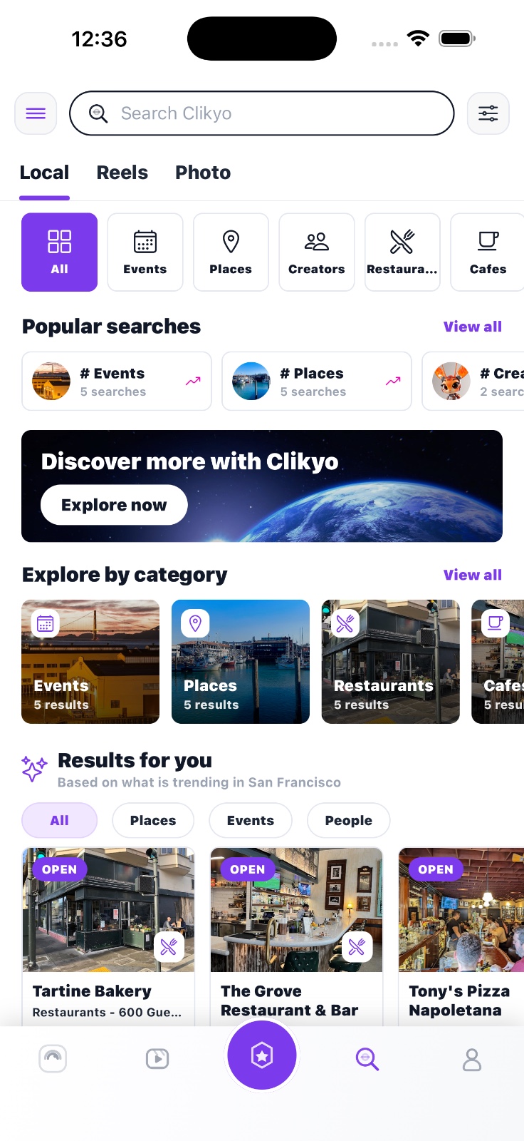 Clikyo search and local discovery screen